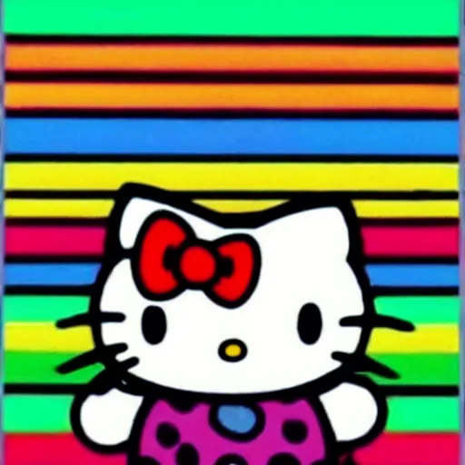 Prompt: Hello kitty standing on a rainbow,