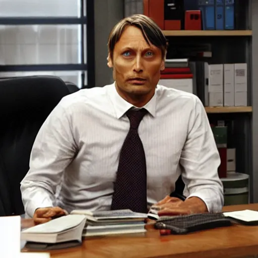 Prompt: Mads Mikkelsen in The Office US, deadpan shot, funny, sitcom