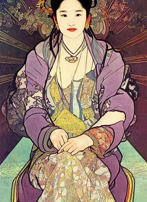 Image similar to Liu yifei sitting on the throne on a tarot card, tarot in art style by Alphonse Mucha