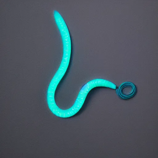 Image similar to studio photograph of a matte dark gray worm with a neon blue head and tail