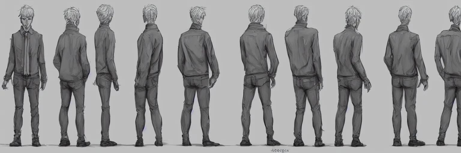 Image similar to male character study of male tori spelling, clear faces, screenwriter, introvert, outsider, geek, disturbed, emotional, character sheet, fine details, concept design, contrast, kim jung gi, pixar and da vinci, trending on artstation, 8 k, full body and head, turnaround, front view, back view, ultra wide angle