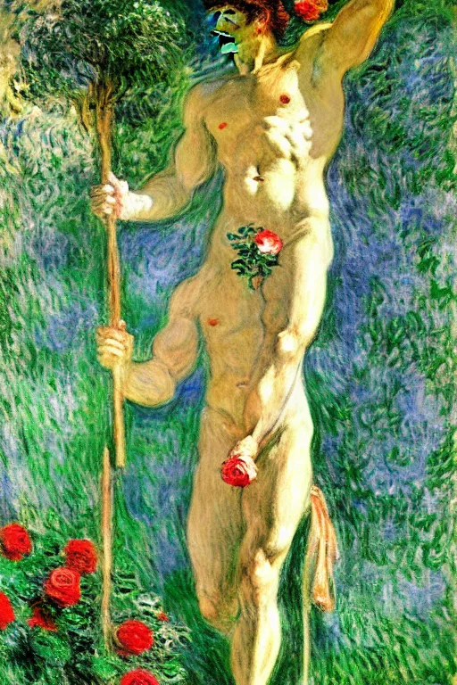 Image similar to the greek god hermes marched forward among the roses, monet, musha