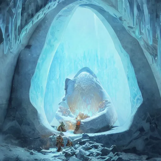 Prompt: A large frozen dragon egg in inside an ice cave, fantasy art by greg rutkowski and alphonse mucha, highly detailed, digital painting, matte painting, concept art, illustration, oppressive lighting, trending on artstation, very detailed