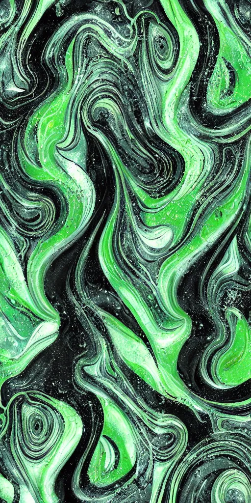 Image similar to beautiful liquid marble texture with big oil bubbles and twirls. harmonic black and green tones coloured abstraction. ultradetailed realistic art