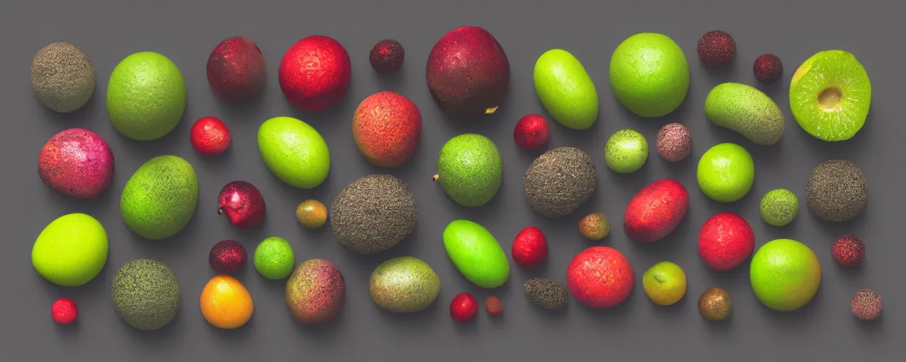 Prompt: spores and mold on a colorful fruit, ultra realistic with black background. shiny. octane rendering. isometric. volume. global illumination. AES
