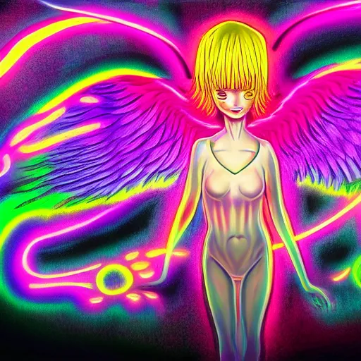 Image similar to a detailed painting of a demon poorly disguised as an angel by Junji ito and Lisa frank, neon color scheme, artstation,8k,artstationHD,artstationHQ, cinematic, diffuse lighting