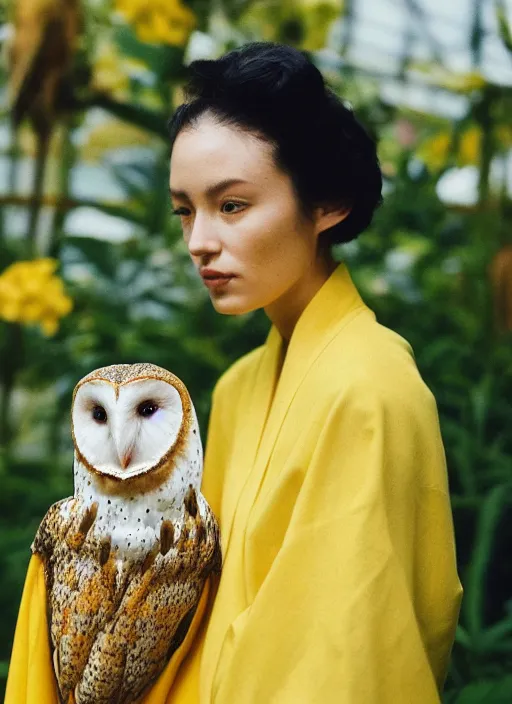 Prompt: grainy head to shoulder portrait Polaroid film photograph of an elegant top model wearing a yellow kimono with a very detailed barn owl on her shoulder!!! in a tropical greenhouse. looking at the camera!!. super resolution. Extremely detailed. Polaroid 600 film. art by Rineke Dijkstra.