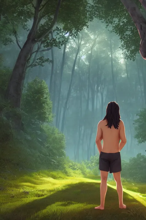 Image similar to young man with wavy black shoulder length hair, plain cotton shorts, back view, trees, detailed forest background, webtoon, breathtaking scenery, colourful, 8 k, graphic novel, digital art trending on artstation, volumetric lighting, octane render, cinematic, hyper detailed, magical atmosphere