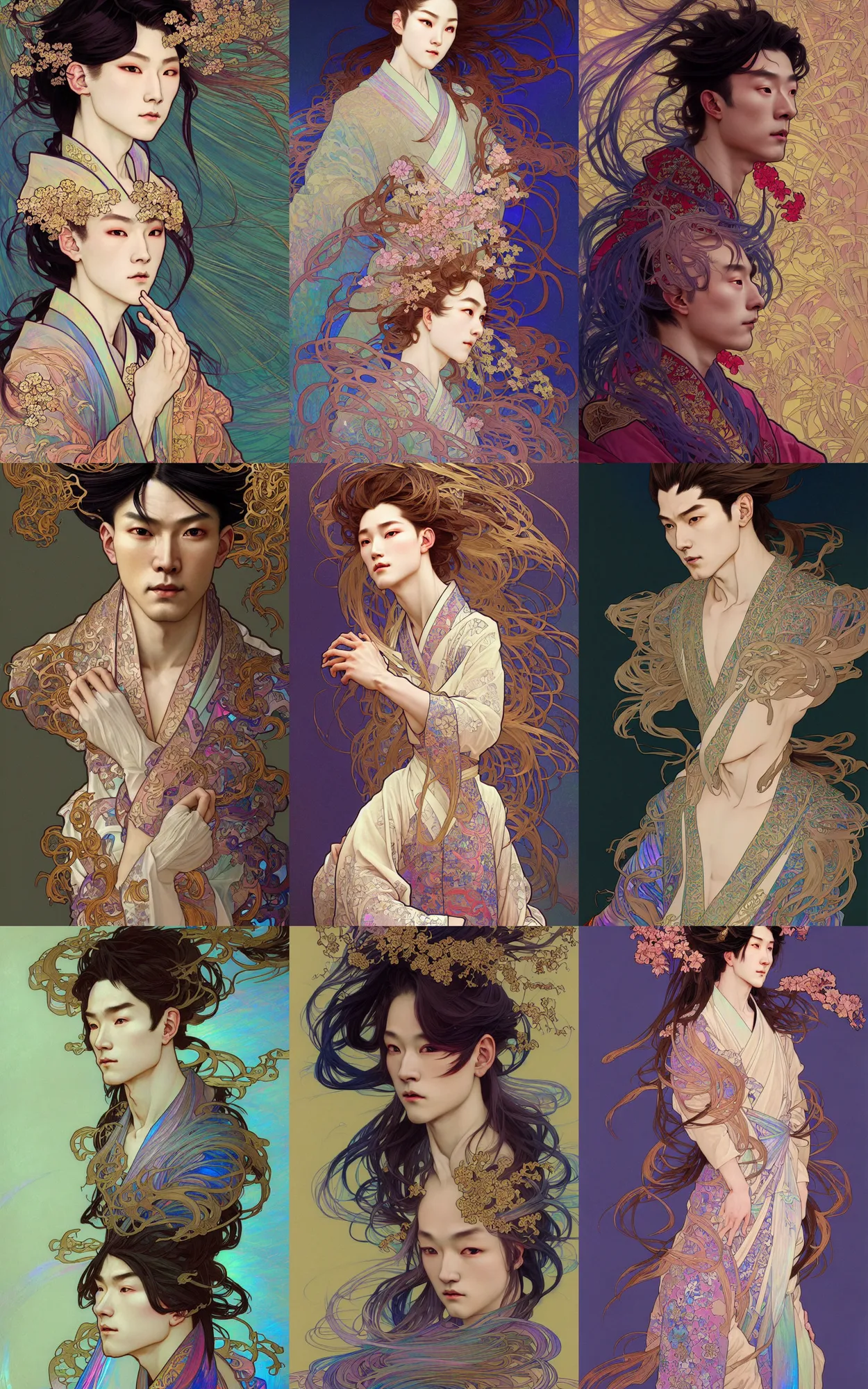 Prompt: digital concept art by nixeu and fenghua zhong and alphonse mucha, portrait of an androgynous man in a kimono, iridescent, long hair, cinematic lighting, intricate, elegant, hyper detailed, character concept, full body, dynamic pose, glowing dust, highly detailed, digital painting, artstation, smooth, sharp focus, illustration.