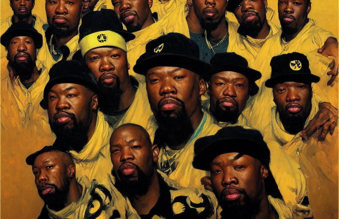 Image similar to portrait of wu - tang clan!!!!!!!!!!!!!!!!!!!!!!!!!!!, detailed face, detailed painting,, epic lighting, by ilya repin, phil hale and kent williams