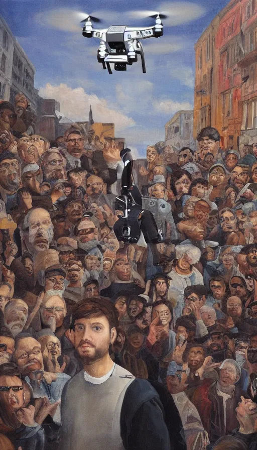 Image similar to crt drones fly above, detailed painting of a man standing in a city with his eyes open but everyone else has their eyes closed