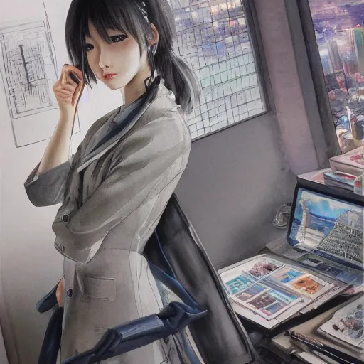 Image similar to dynamic composition, motion, ultra-detailed, incredibly detailed, a lot of details, amazing fine details and brush strokes, colorful and grayish palette, smooth, HD semirealistic anime CG concept art digital painting, watercolor oil painting of a young office lady, by a Chinese artist at ArtStation, by Huang Guangjian, Fenghua Zhong, Ruan Jia, Xin Jin and Wei Chang. Realistic artwork of a Chinese videogame, gradients, gentle an harmonic grayish colors.