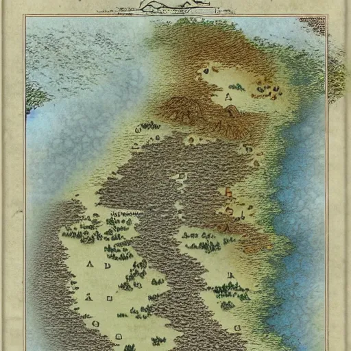 Prompt: an isometric fantasy map, simple, uncluttered, minimal, the land of Odrua, continent with mountains lakes hills and cities, by brian froud by jrr tolkien