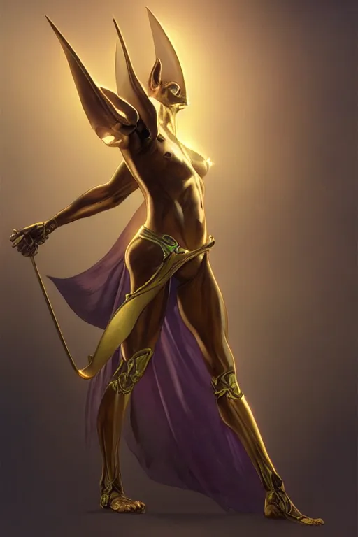 Image similar to Anubis, accurate anatomy, only two hands, highly detailed, digital painting, artstation, concept art, smooth, sharp focus, illustration, Unreal Engine 5, 8K, art by artgerm and greg rutkowski and Alphonse Mucha