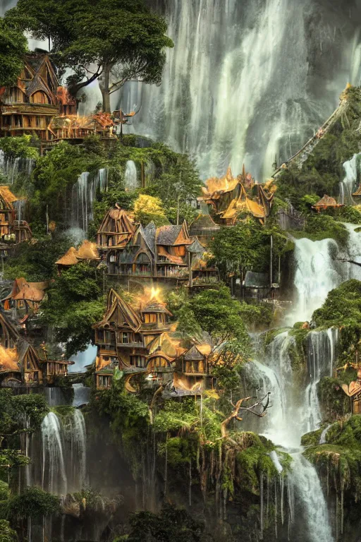 Image similar to wooden elven City with golden roofs, on top of a WATERFALL in the fall, gnarly trees, lush vegetation, forrest, a small stream runs beneath the waterfall, landscape, raphael lacoste, eddie mendoza, alex ross, john howe, concept art, matte painting, highly detailed, rule of thirds, dynamic lighting, cinematic, detailed, denoised, centerd