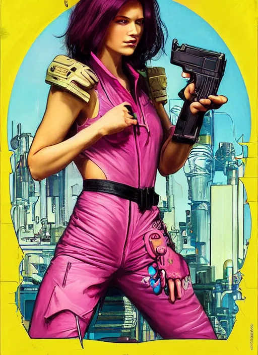 Image similar to cyberpunk saleswoman wearing pink jumpsuit and painting a yellow belt fed pistol. advertisement for pistol. cyberpunk ad poster by james gurney, azamat khairov, and alphonso mucha. artstationhq. painting with vivid color, cell shading. buy now! ( rb 6 s, cyberpunk 2 0 7 7 )