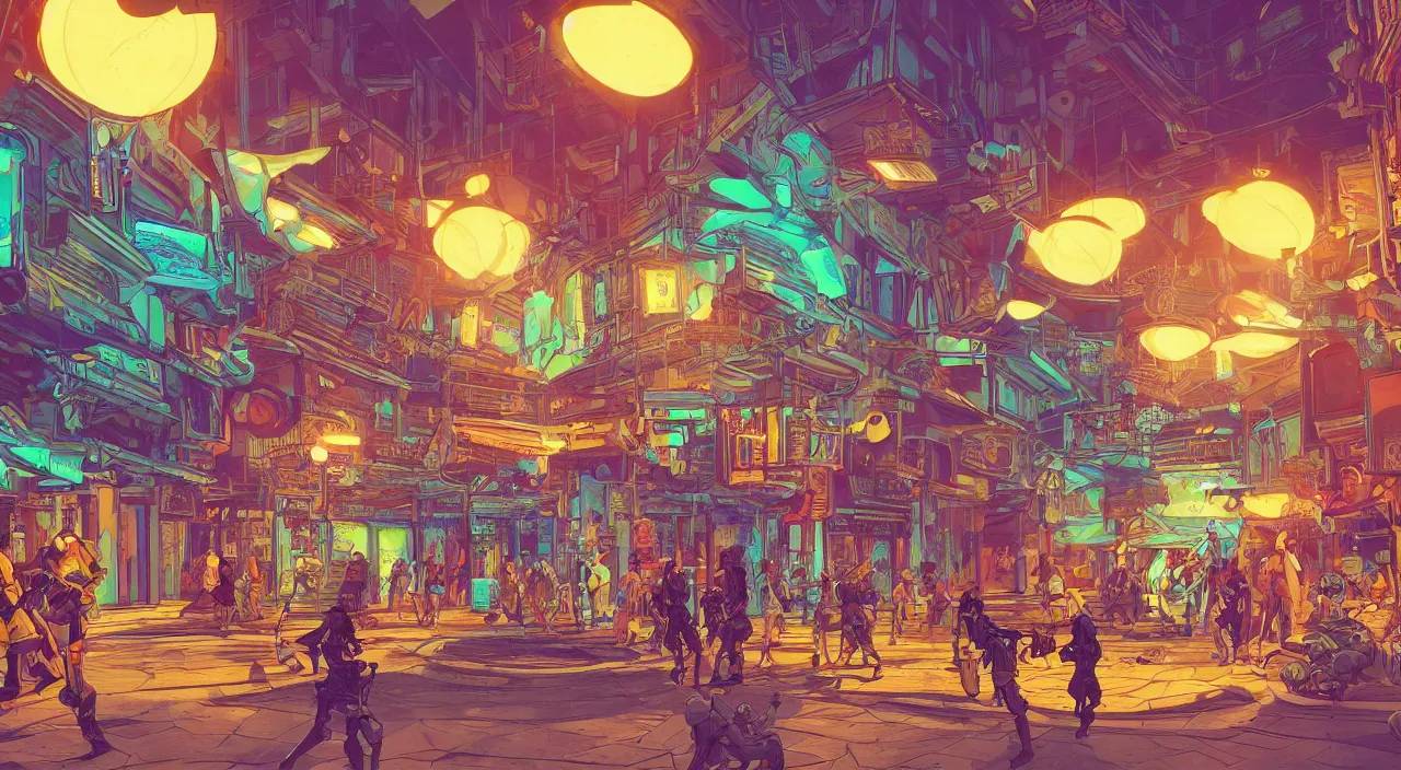 Image similar to bazaar zouk oriantal full color sky shine place mosquet painting stylized digital illustration video game icon global illumination ray tracing that looks like it is from borderlands and by feng zhu and loish and laurie greasley, victo ngai, andreas rocha, john harris