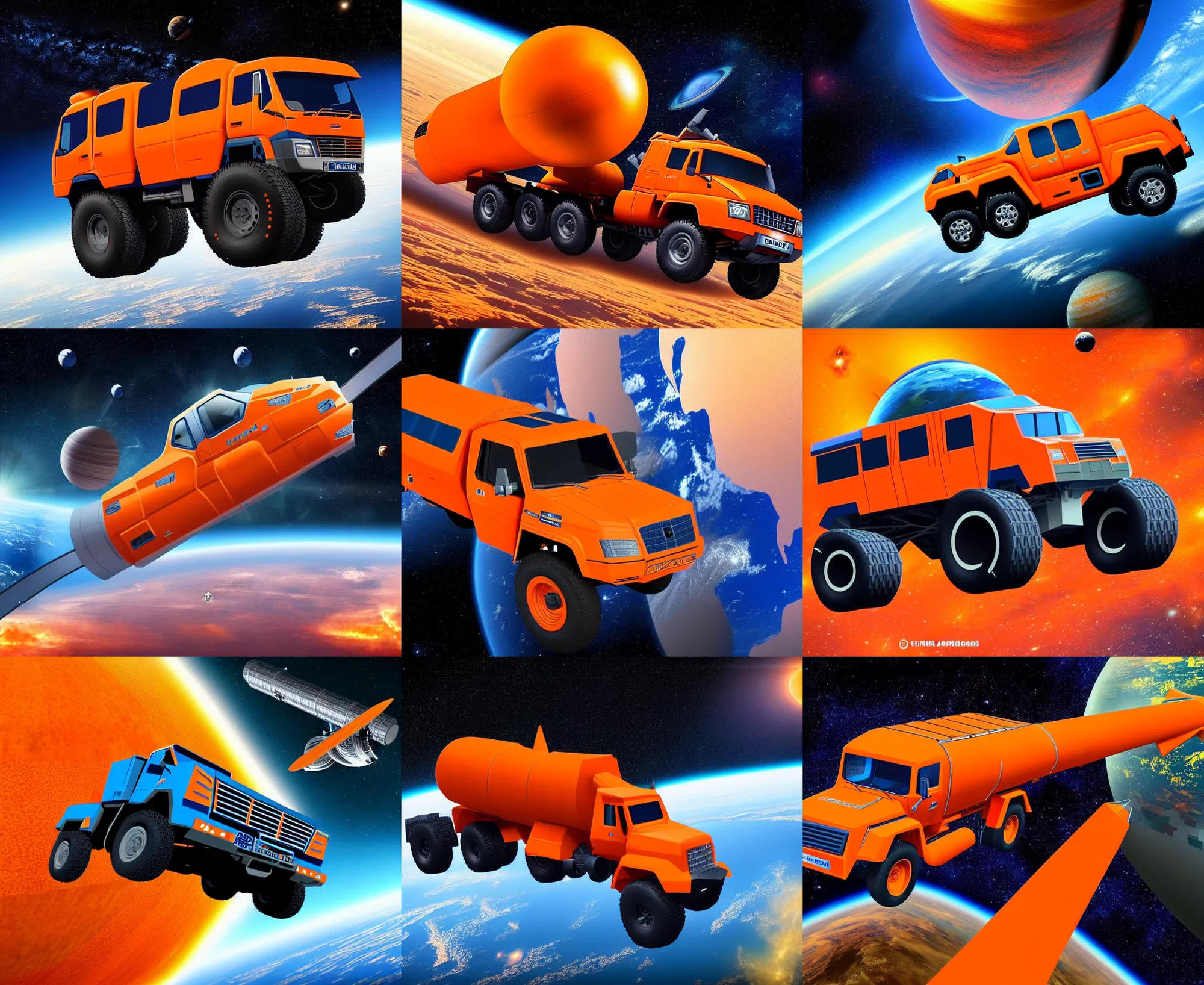 Prompt: orange kamaz in space in orbit of the planet earth, kamaz looks like a spaceship, hyper detailed, hight detailed, futuristic, ultra realistic, no blur, 8 k