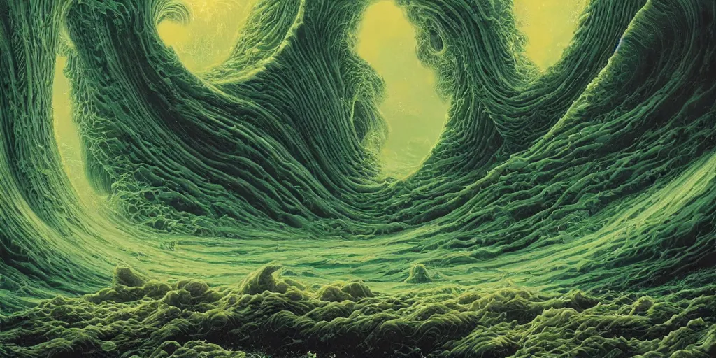 Prompt: giant waves of green slime flooding a city, by dan mumford, moebius, yukito kishiro, barclay shaw, karol bak, jean baptiste monge, high quality, high resolution