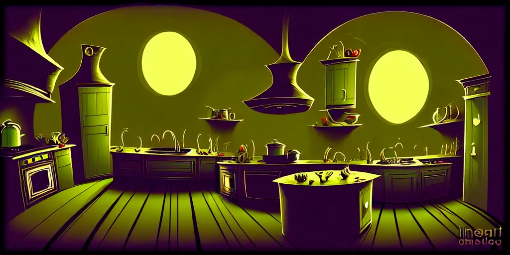 Prompt: curved perspective digital art of a dark kitchen from Tim Burtons Nightmare Before Christmas by Petros Afshar