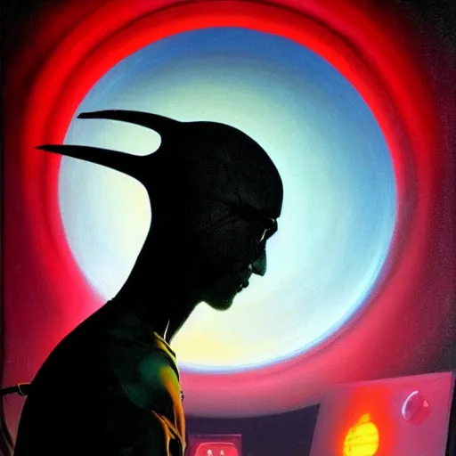 Prompt: a dark and colorful close - up side profile portrait of a silhouette of a sci - fi young mascculine alien man wearing a baseball hat and glasses. otherworldly glowing fog in the background. highly detailed science fiction painting by norman rockwell, frank frazetta, and syd mead. rich colors, high contrast, gloomy atmosphere, dark background. trending on artstation