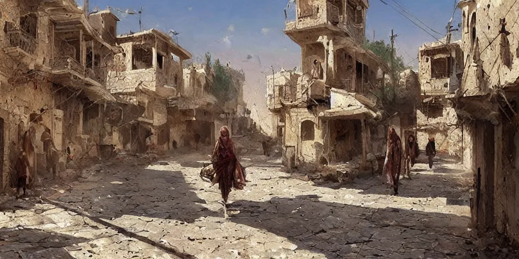 Image similar to hyper realistic, beautiful syrian village, cleaned up,, painted by greg rutkowski, highly detailed,