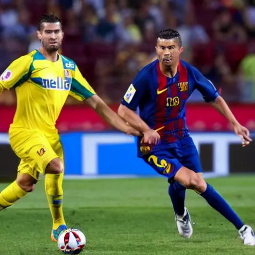 Prompt: Ronaldo with a beard and a blond hair in barcelona jersey