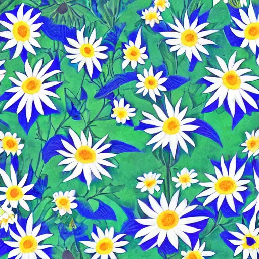 Image similar to highly detailed daisy pattern in the style of old botanical illustrations, matisse, lisa frank, and japanese art, 4 k