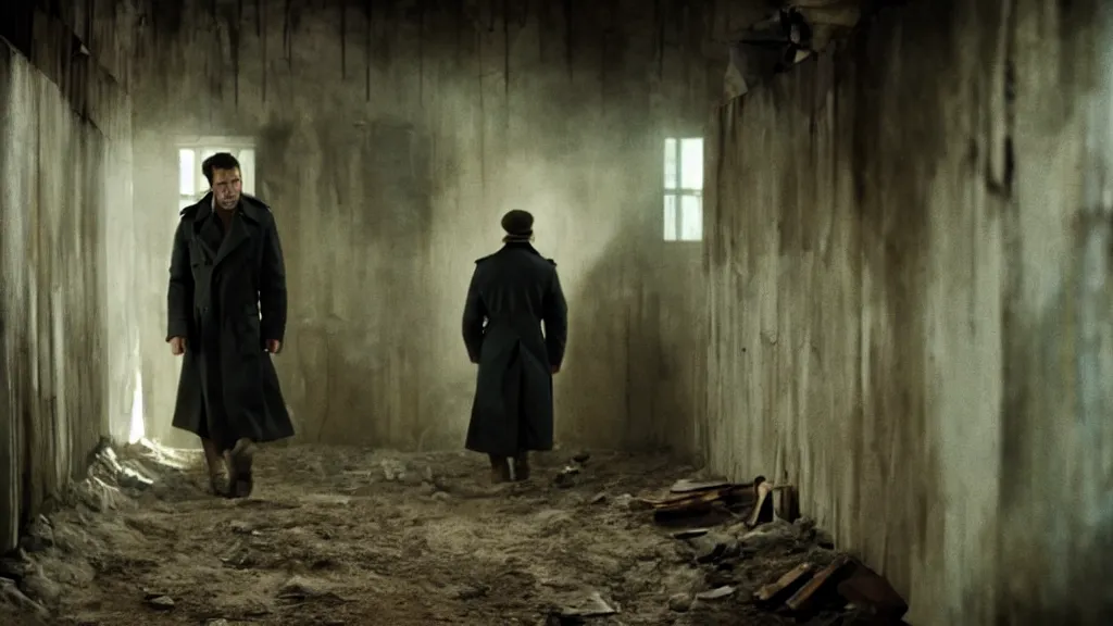 Prompt: a man in a trench coat walks into a shack, old technology lines the walls, film still from the movie directed by Denis Villeneuve, wide lens