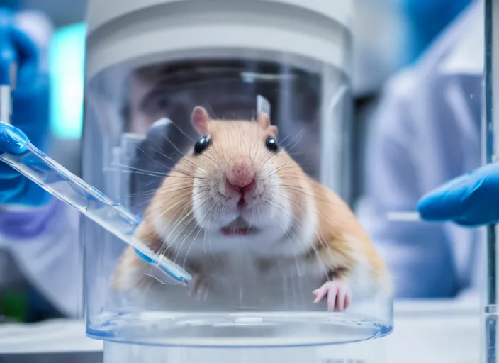 Prompt: film still of a hamster working in a research lab filling test tubes, 8 k