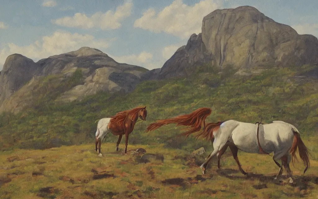 Image similar to a painting of a crazy horse during a heatwave in norway countryside, oil on canvas, by constantin hansen