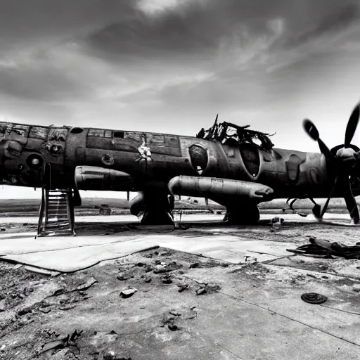 Image similar to A destroyed B-29 Superfortress at an airbase undergoing routine maintenance, wasteland, sun overhead, Second World War, hyper realistic, super detailed, 4k, HDR, sharp focus, shading, stunning visuals