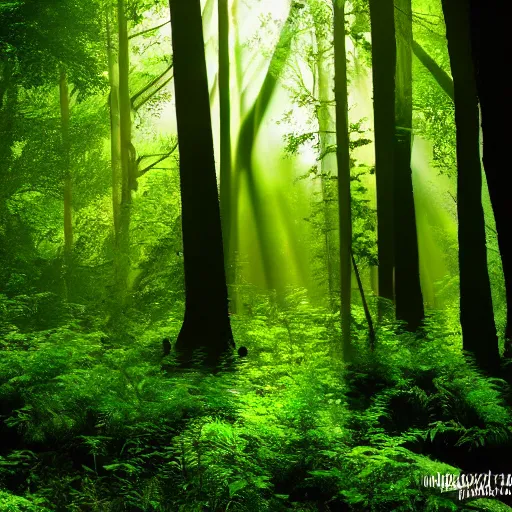 Image similar to A lush green forest in the morning; rays of light coming through the canopy