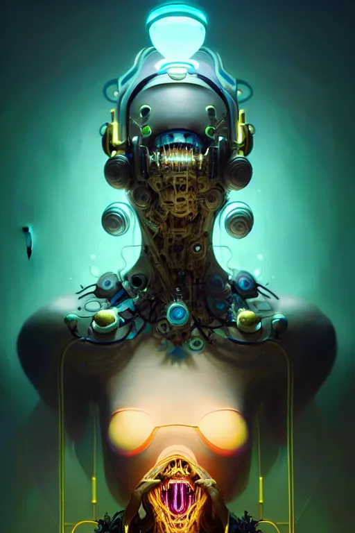 Image similar to portrait, biomechanical bioluminescent creature, cyberpunk, elegant baroque, asymmetrical art, hyperrealism colorful, vivid, imposing, epic, digital painting, artstation, concept art, by peter mohrbacher and wlop and rhads