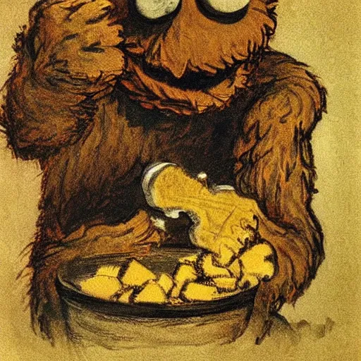 Image similar to cookie monster devouring his cookies, by francisco goya