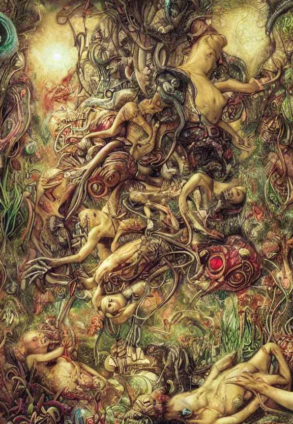 Image similar to simplicity, elegant, muscular animals, human babies, botany, orchids, radiating, colorful mandala, psychedelic, overgrown garden environment, by h. r. giger and esao andrews and maria sibylla merian eugene delacroix, gustave dore, thomas moran, pop art, biomechanical xenomorph, street art, saturated
