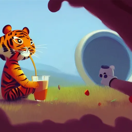 Image similar to goro fujita ilustration a little tiger drinks in the field by goro fujita, painting by goro fujita, sharp focus, highly detailed, artstation