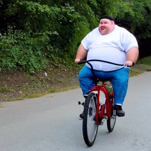 Prompt: a very fat man riding a small bicycle