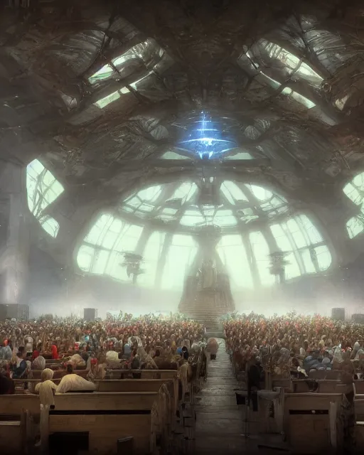 Image similar to fantasy movie scene digital matte painting of a crowd in a futuristic church by craig mullins and ghibli, strong contrast, priest, pews, ethereal, inviting, bright, raking light, unreal engine 5, hyper realism, realistic shading, cinematic composition, blender render, octane render, hdr, detailed textures, photorealistic, wide shot