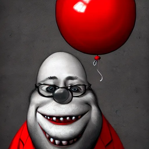 Prompt: surrealism grunge cartoon portrait sketch of chunky with a wide smile and a red balloon by - michael karcz, loony toons style, monsters inc style, horror theme, detailed, elegant, intricate