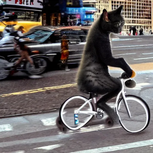 Image similar to a fuzzy cat riding a bicycle down the streets of new york city, photorealistic