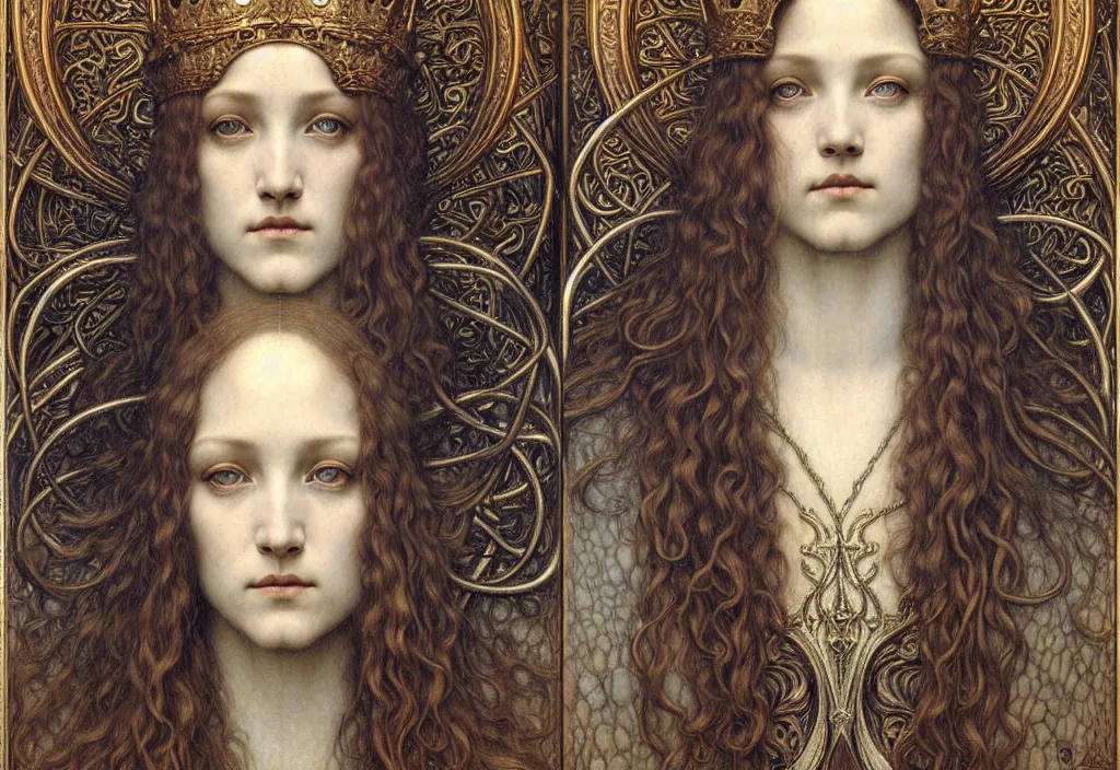 Image similar to detailed realistic beautiful young medieval queen face portrait by jean delville, gustave dore and marco mazzoni, art nouveau, symbolist, visionary, gothic, pre - raphaelite. horizontal symmetry