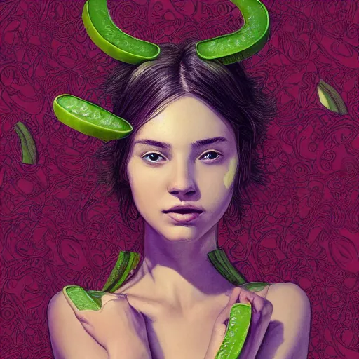 Prompt: the portrait of an unbelievably beautiful, elegant, graceful, sensual, and sophisticated young teen made of cucumbers, an ultrafine detailed illustration by james jean, intricate linework, bright colors, final fantasy, behance contest winner, vanitas, angular, altermodern, unreal engine 5 highly rendered, global illumination, radiant light, detailed and intricate environment