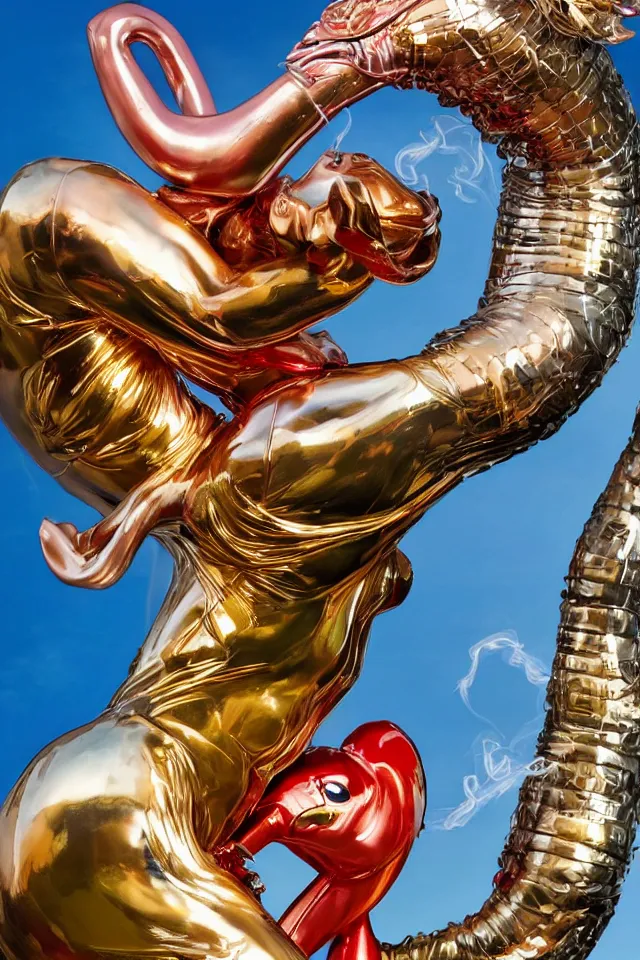 Image similar to an extreme close - up of a statue chrome cyborg lycra nymph with long flowing golden blonde hair wrestling with a giant flamingo, tropical flower plants, thick pigmented smoke, by jeff koons, hajime soryama, boris vallejo, artgerm, greg rutkowski, alphonse mucha