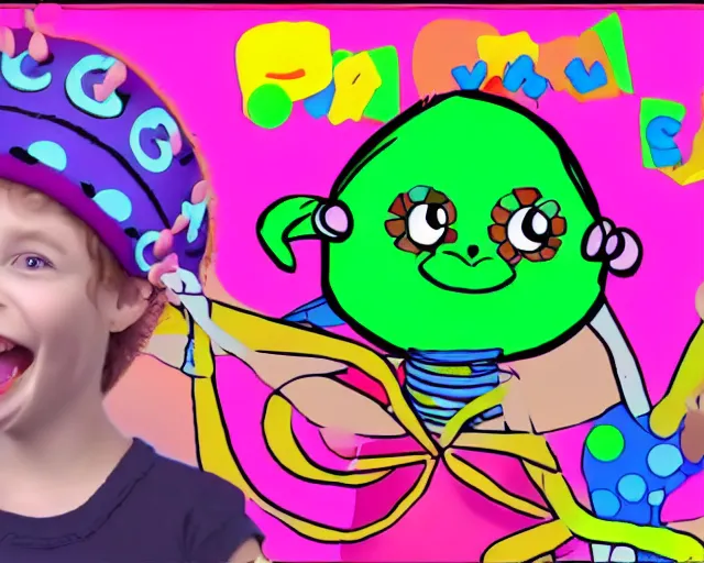 Image similar to Klasky-Csupo style cartoon about a young girl and her pet monster in a candyland. TV screenshot HD remaster