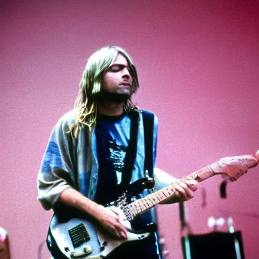 Prompt: Kurt Cobain American singer-songwriter-artist, a colorized photo by David Gilmour Blythe, dribble, neoplasticism, 1990s, associated press photo, masterpiece