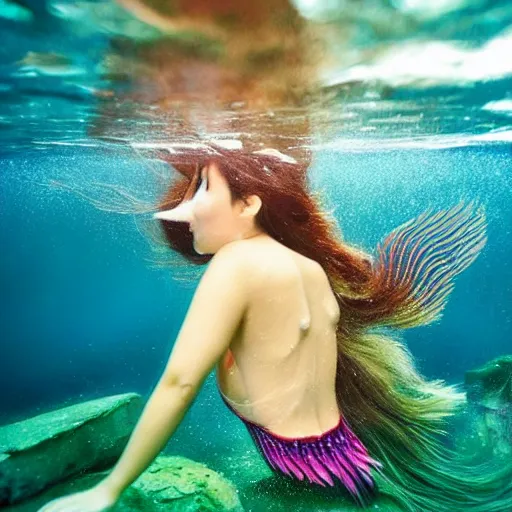 Prompt: beautiful japanese biomecanic mermaid in emotional movement, underwater photography and light scattering, water refractions turned out impressive imho,