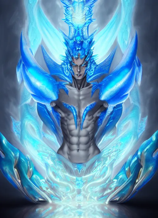 Image similar to muscular and tall blue ghostly fire humanoid dragon!!!! draconian!! intricate ornate iridescent exoesqueleton!! character concept art, sharp focus, octane render! unreal engine 5! highly rendered!! trending on artstation!! detailed linework!! illustration by artgerm, wlop, and chie yoshii