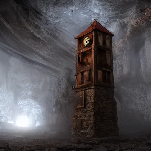 Image similar to an abandoned old rusty clocktower in a dark enormous cave dream photography, painting, perfectly balanced light, digital art, unreal engine, trending on artstation,