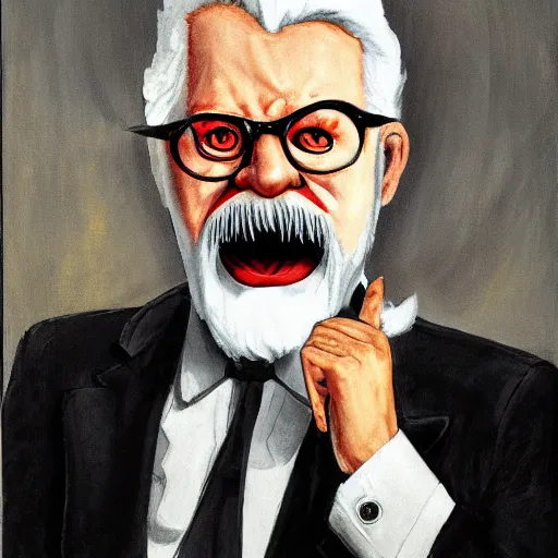 Prompt: deranged and angry colonel sanders, portrait, intense emotion, high detail,